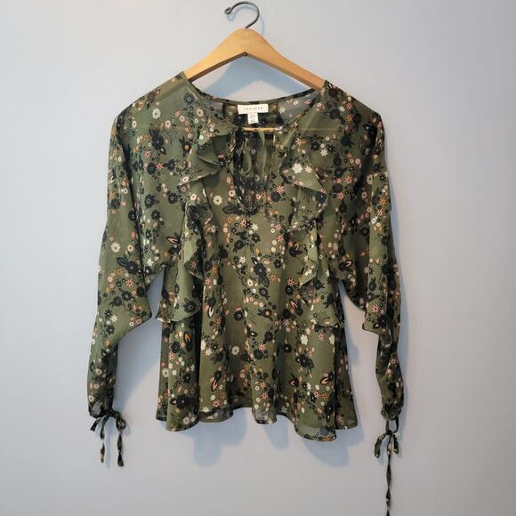 Nordstrom Topshop Floral Sheer Green Ruffle Top Blouse Size 4 Small - Picture 2 of 7